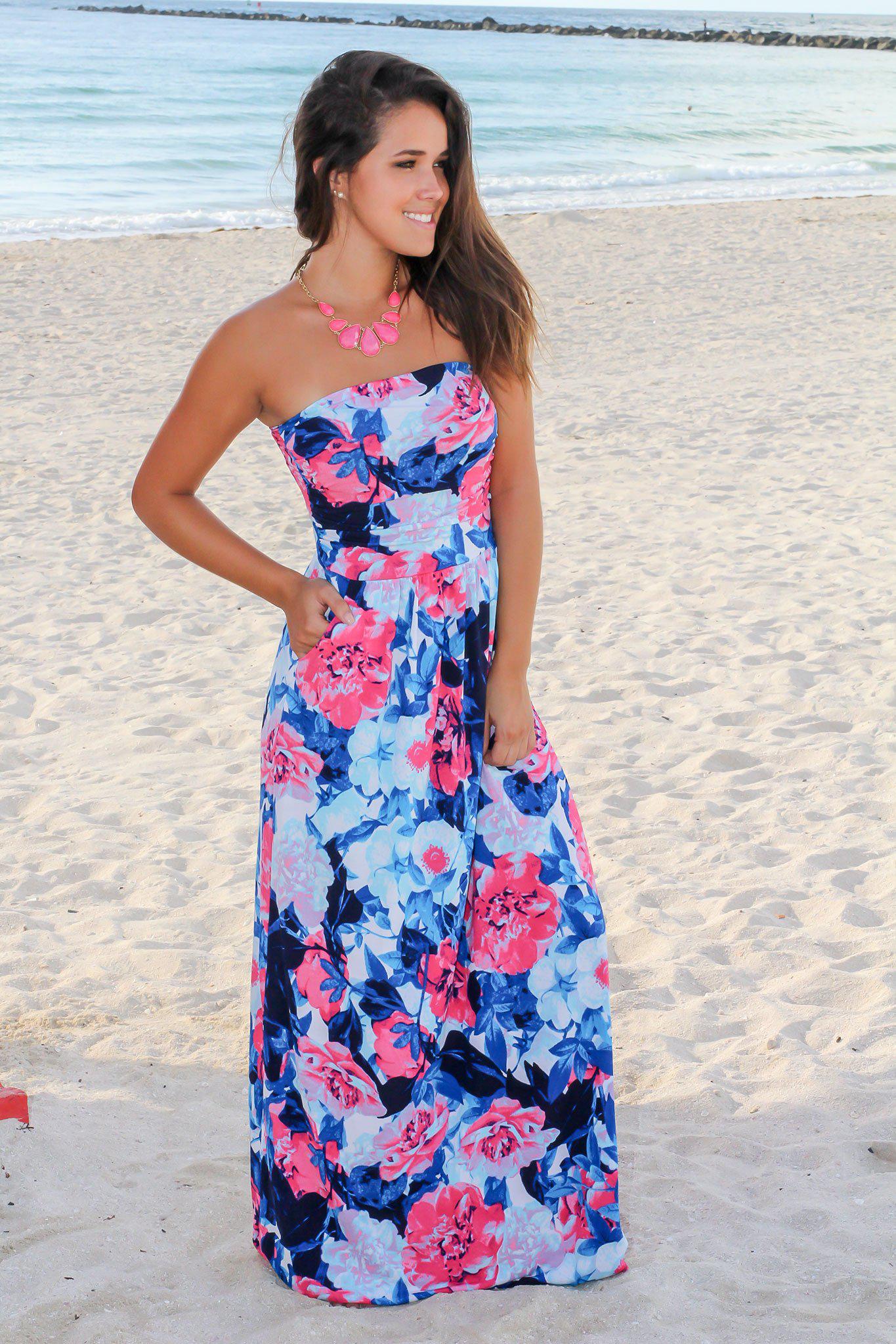 Stylish Blue and Vibrant Hot Pink Floral Print Strapless Women's Maxi Dress for Spring