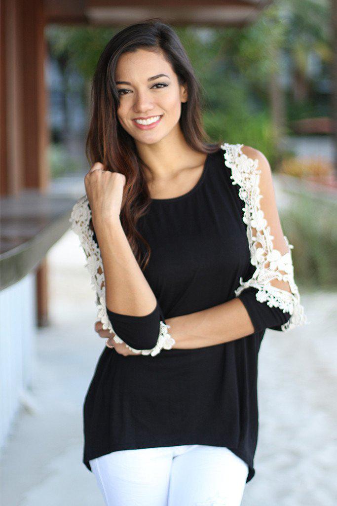 Stylish Women's Black Crochet-Trimmed Open-Sleeved Top