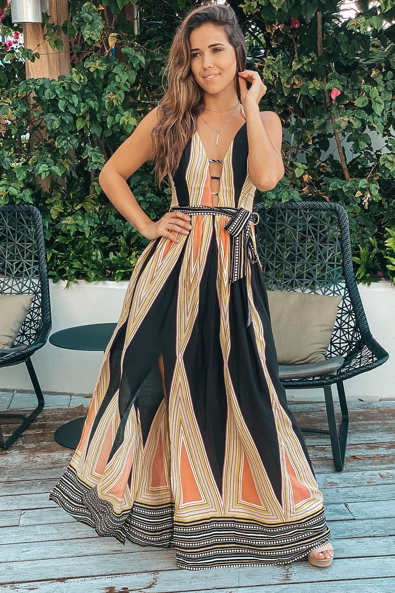 Stunning Mustard Striped Halter Neck Long Maxi Dress with Geometric Print