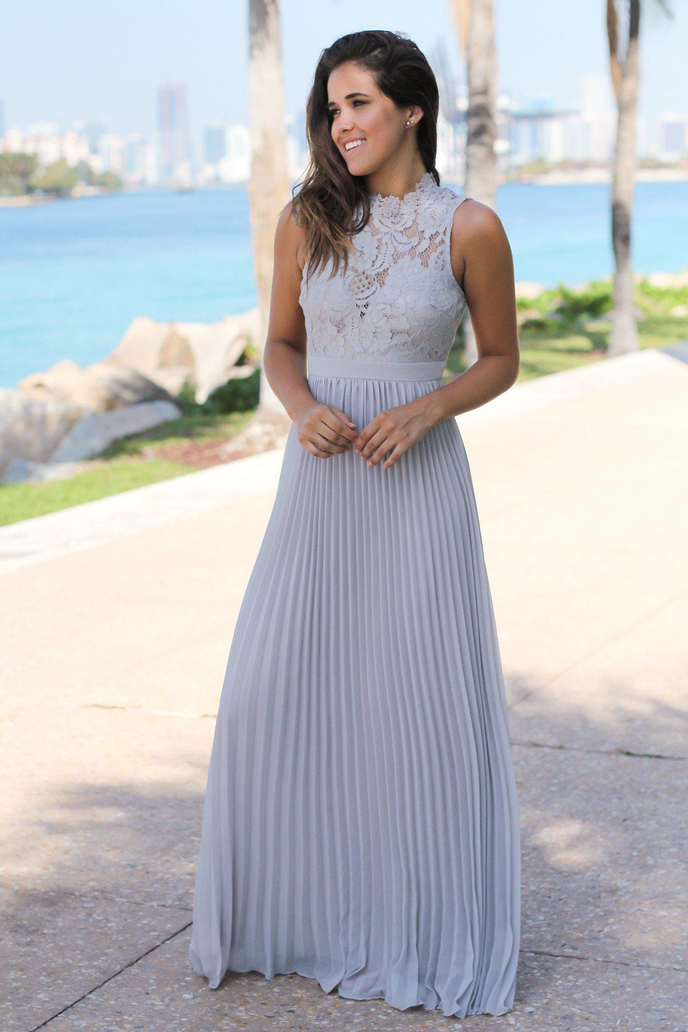 Gorgeous Gray Lace Maxi Dress with Elegant Pleated Skirt