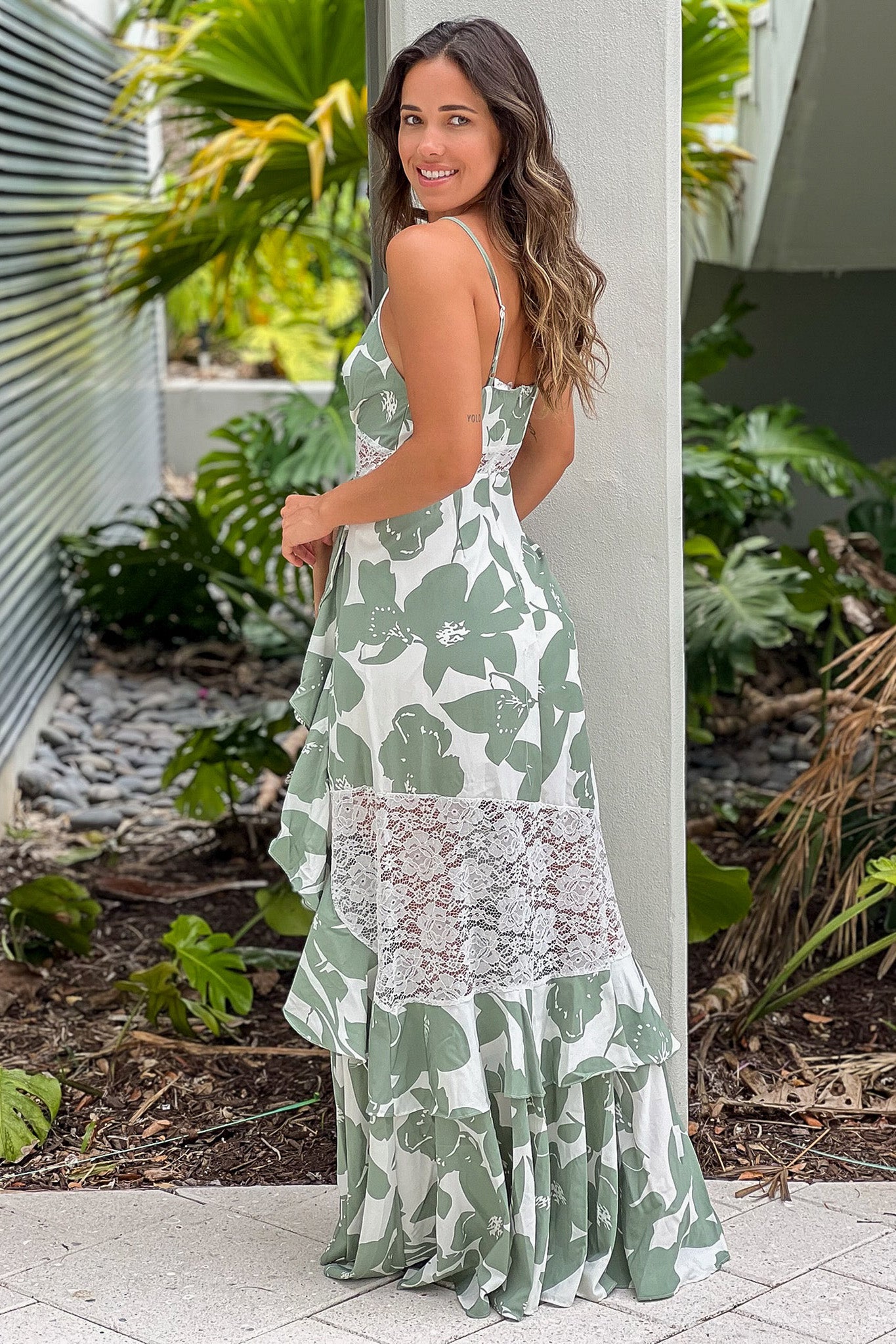 Gorgeous Mint Floral Printed Women's Maxi Dress with Elegant Lace Detail