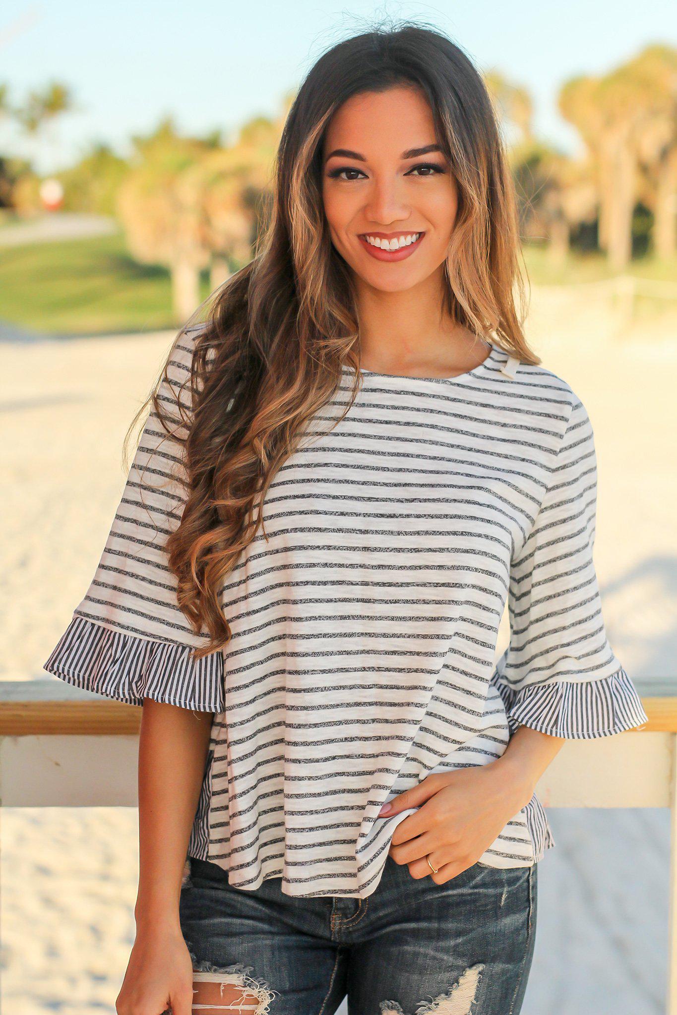Stylish Gray and White Striped Women's Top with Self Tie Lace Up Back Detail