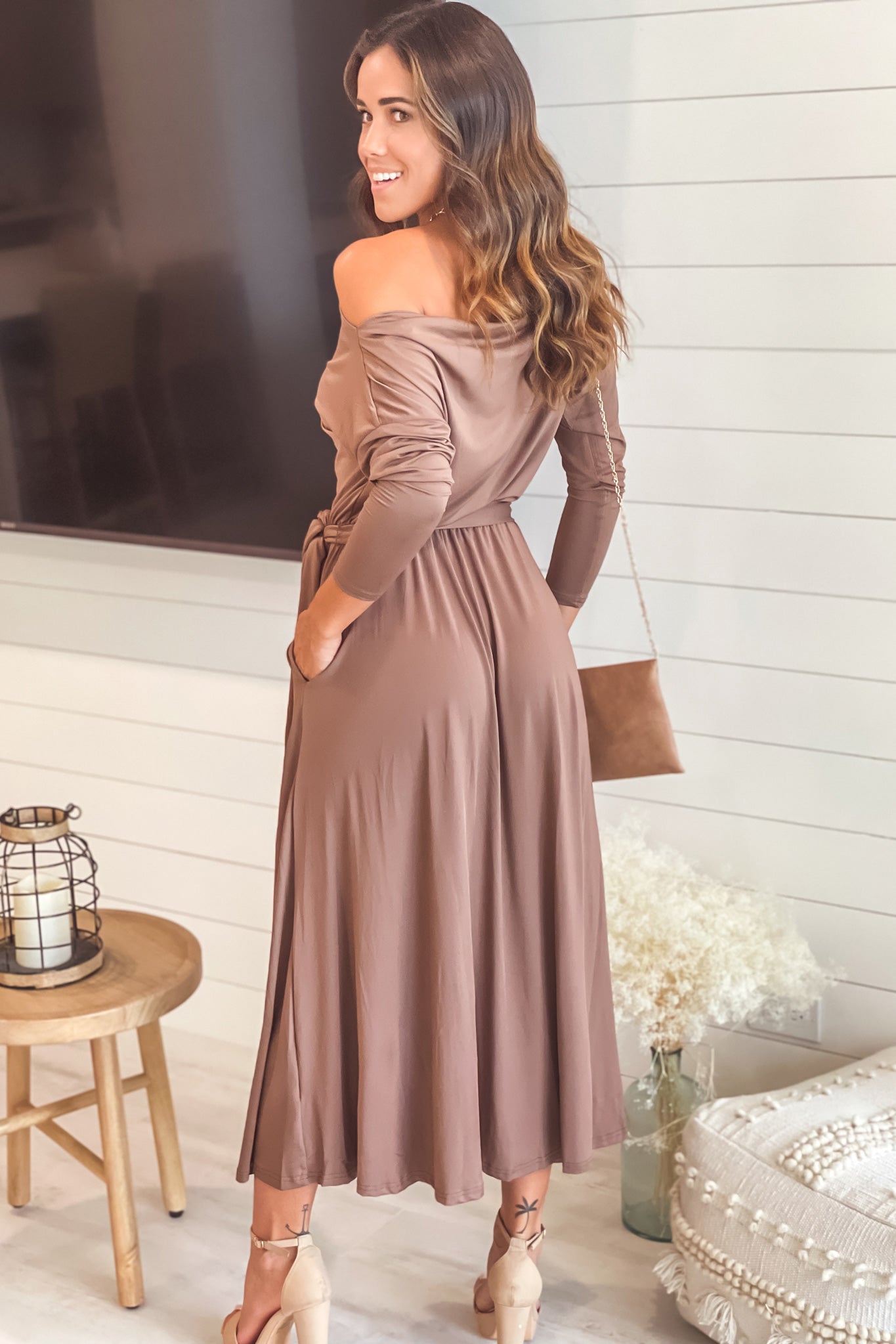 Stylish Mocha One-Shoulder Long-Sleeved Midi Dress with Self-Tie Belt