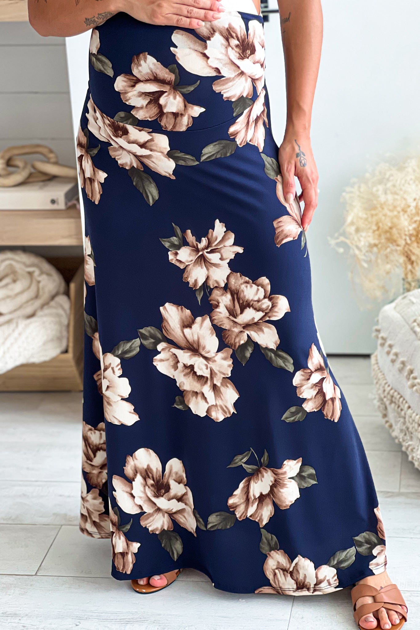 Navy Floral Design Maternity Long Maxi Skirt for Pregnant Women
