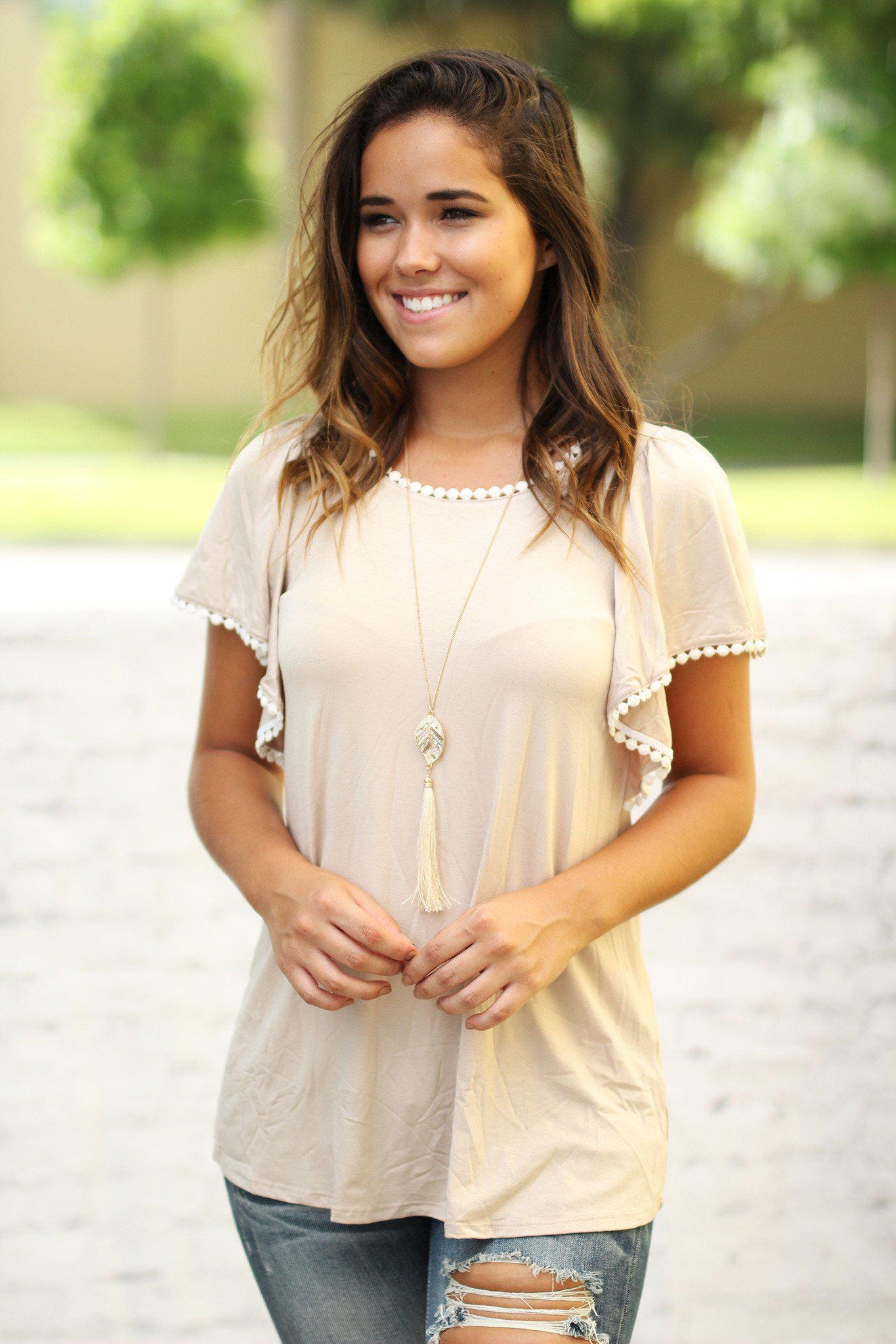 Stylish Beige Women's Top with Exquisite Trim Detail