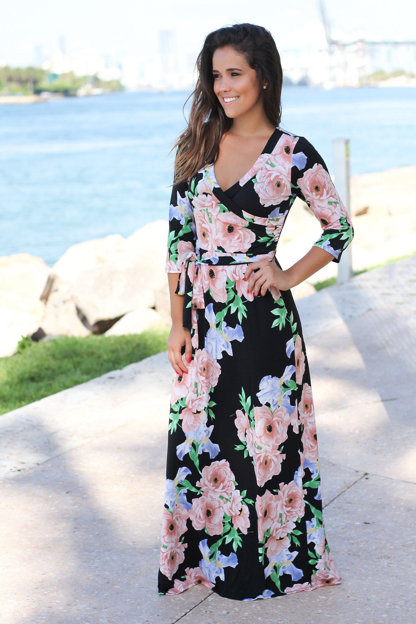 Elegant Black and Mauve Floral Women's 3/4 Sleeve Maxi Dress for Date Nights