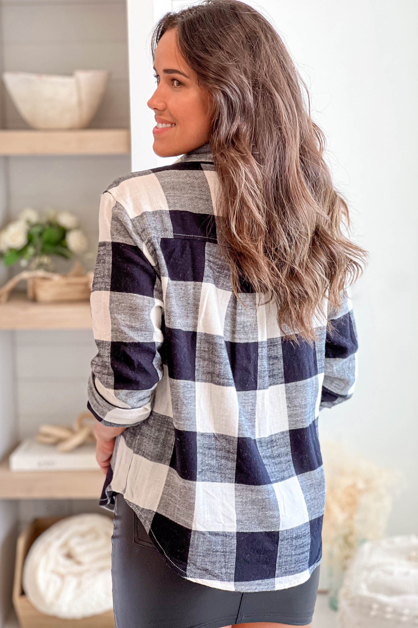 Stylish Black and White Plaid Long-Sleeved Button-Down Women's Top