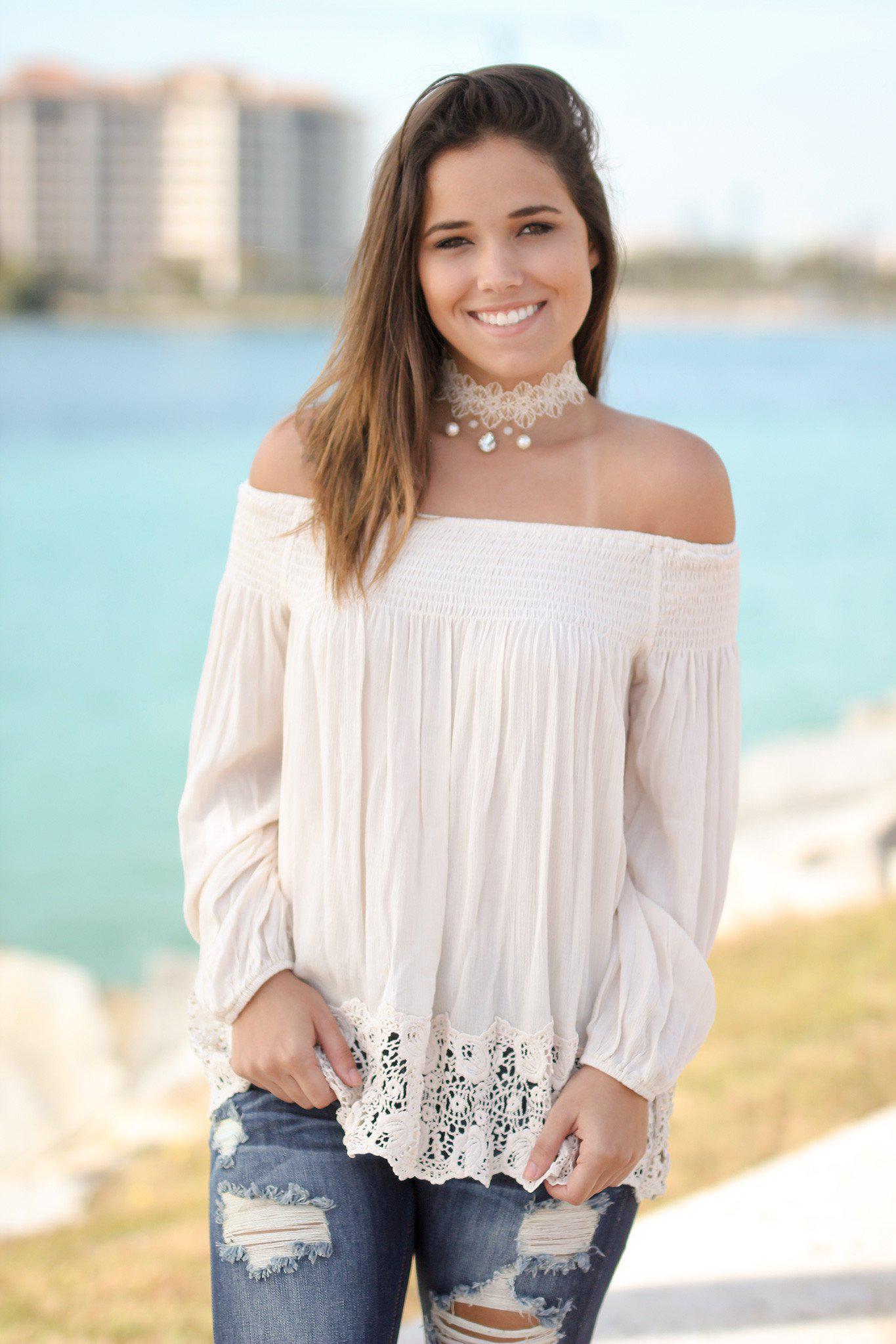 Elegant Cream Colored Off - Shoulder Long - Sleeve Crochet - Hemmed Women's Top