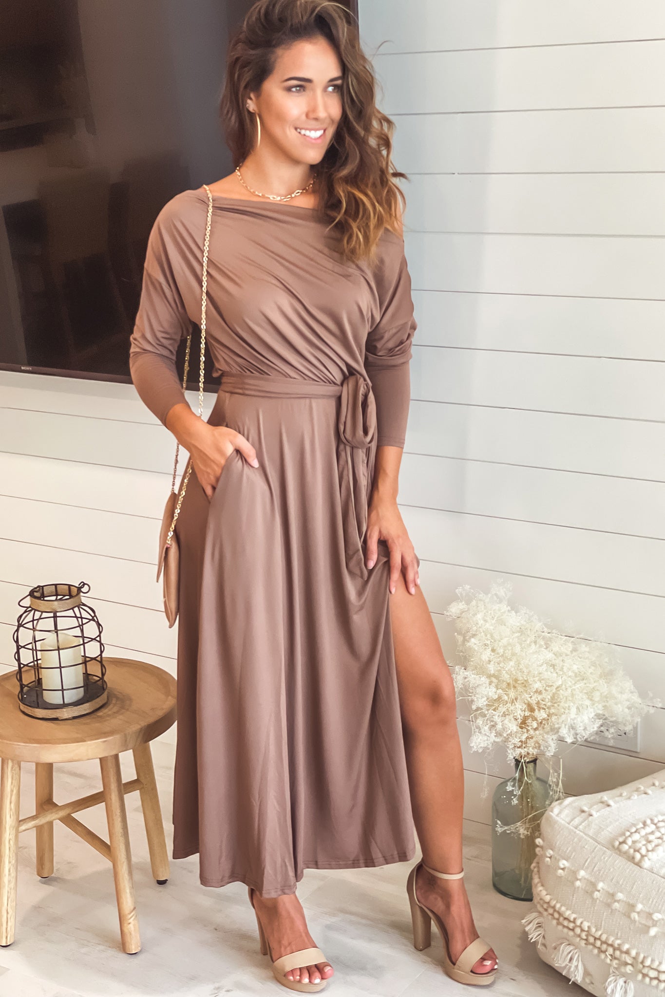 Stylish Mocha One-Shoulder Long-Sleeved Midi Dress with Self-Tie Belt