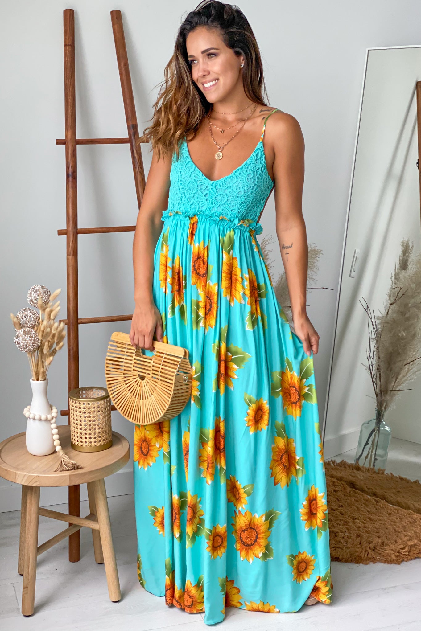 Stunning Aqua Floral Women's Maxi Dress with Crochet Top and Open Back Design