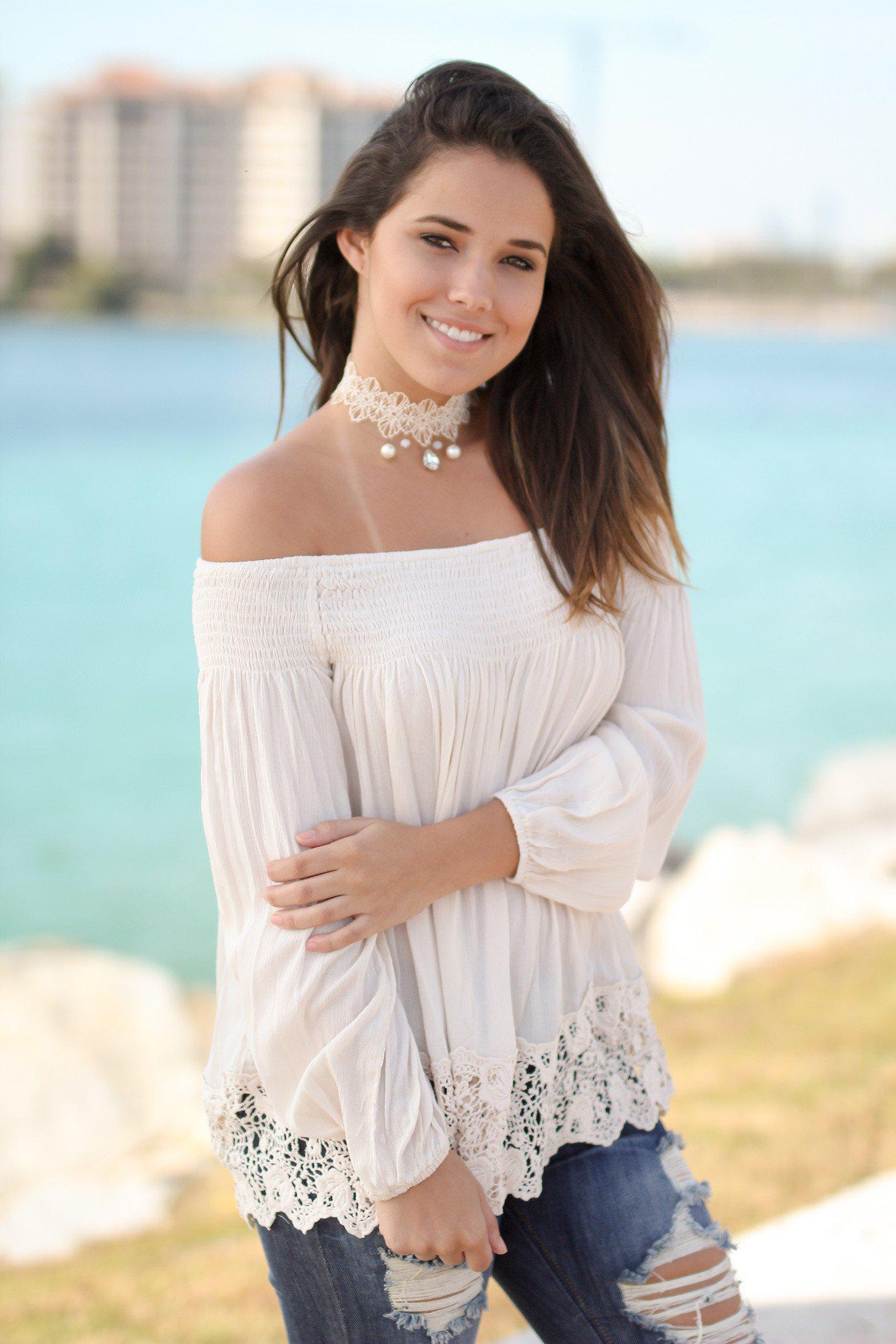 Elegant Cream Colored Off - Shoulder Long - Sleeve Crochet - Hemmed Women's Top