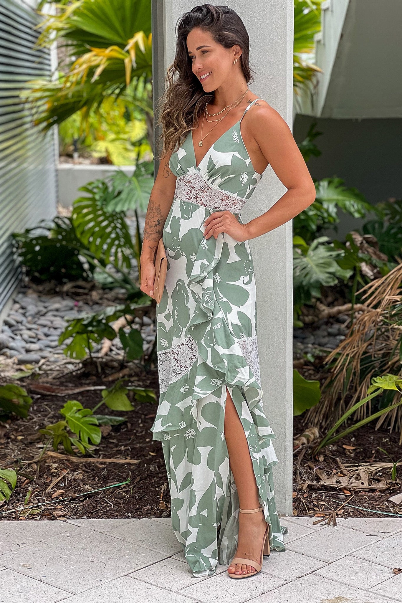 Gorgeous Mint Floral Printed Women's Maxi Dress with Elegant Lace Detail