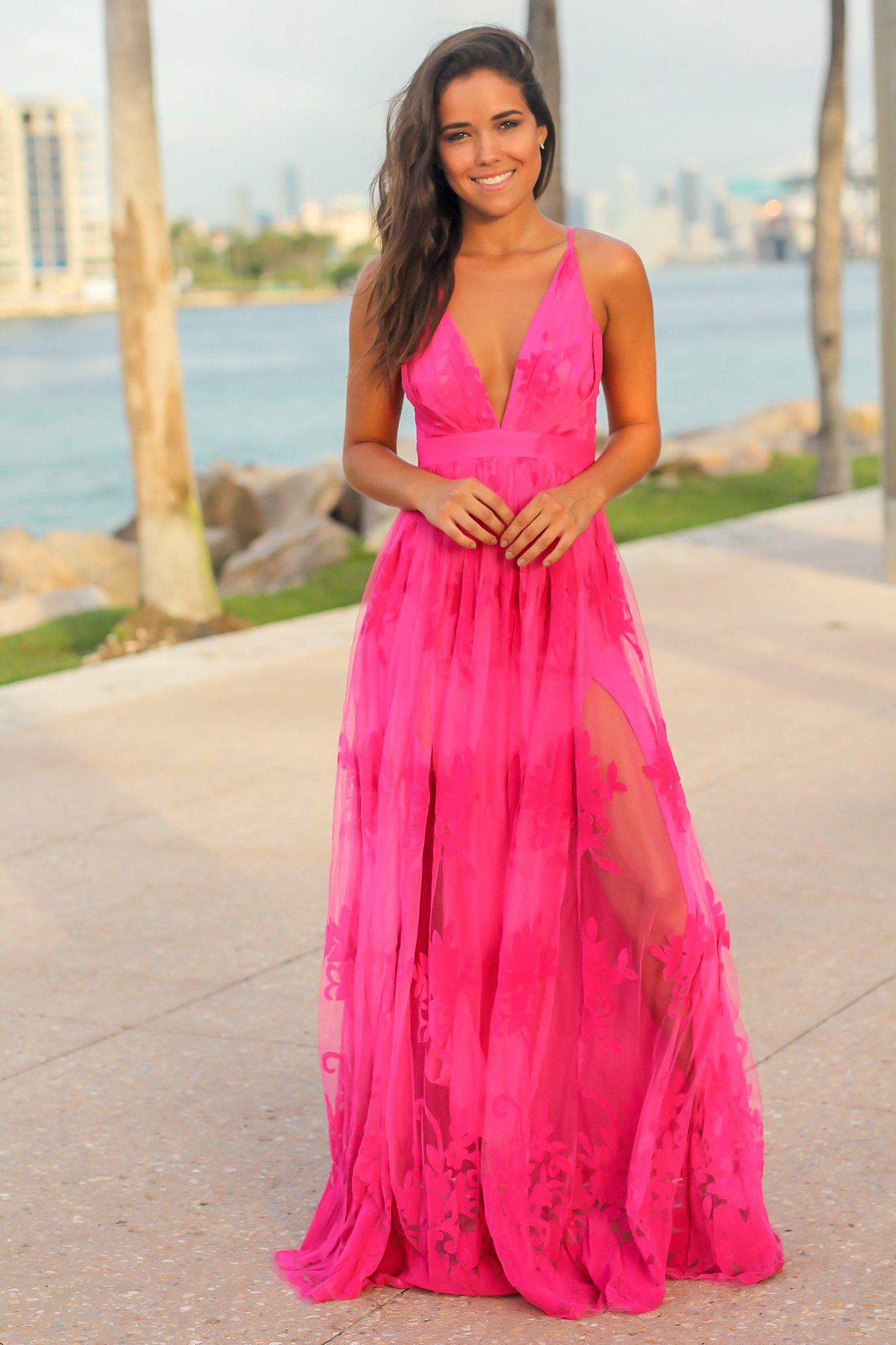 Gorgeous Fuchsia-Colored Floral Printed Tulle Women's Maxi Dress with Criss Cross Back Design