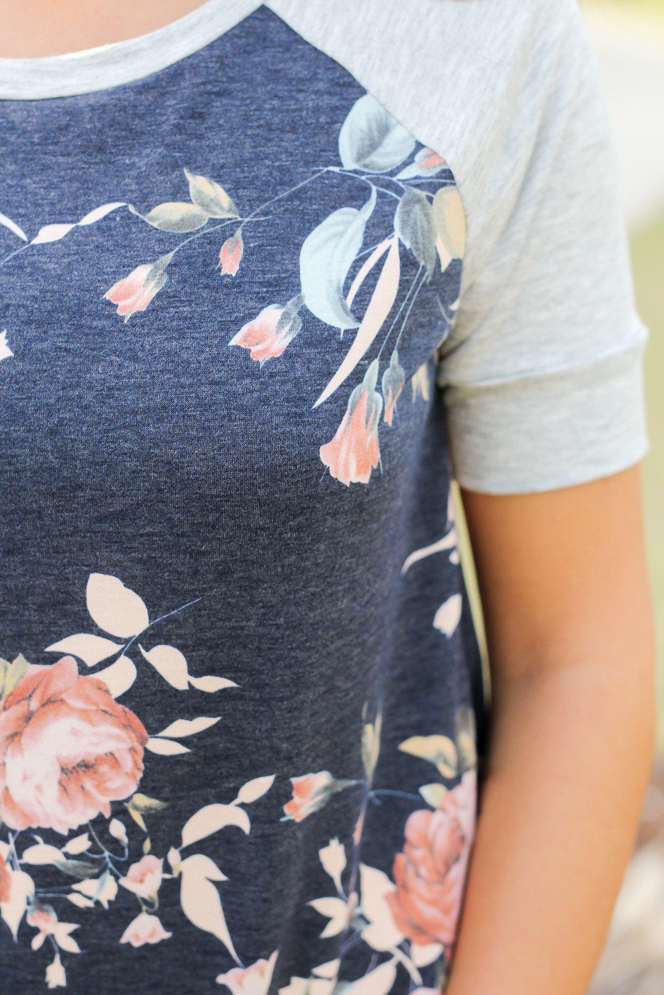 Stylish Heather Gray and Navy Floral Women's Casual Top