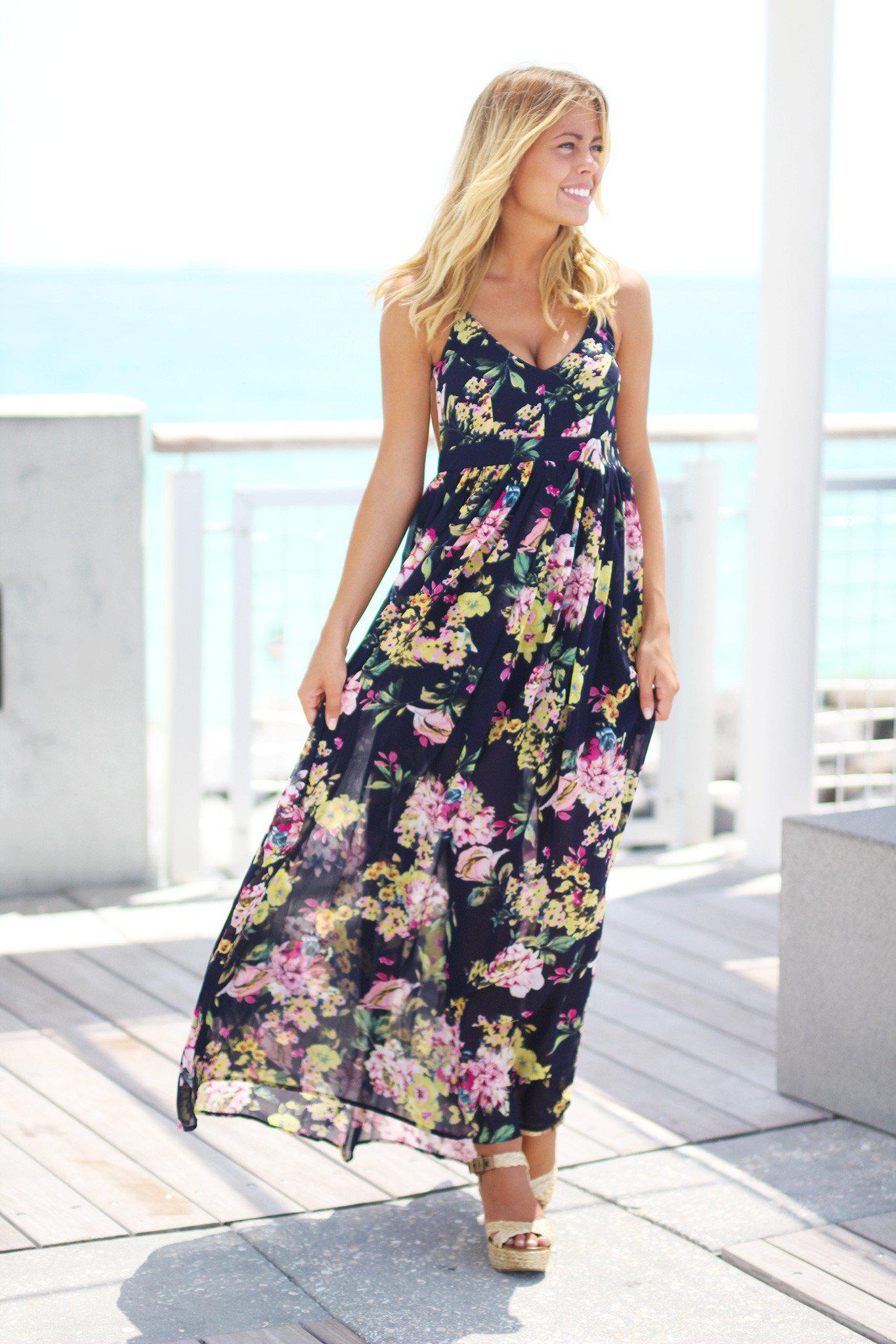 Stylish Navy Floral Print Women's Maxi Dress for Spring and Summer