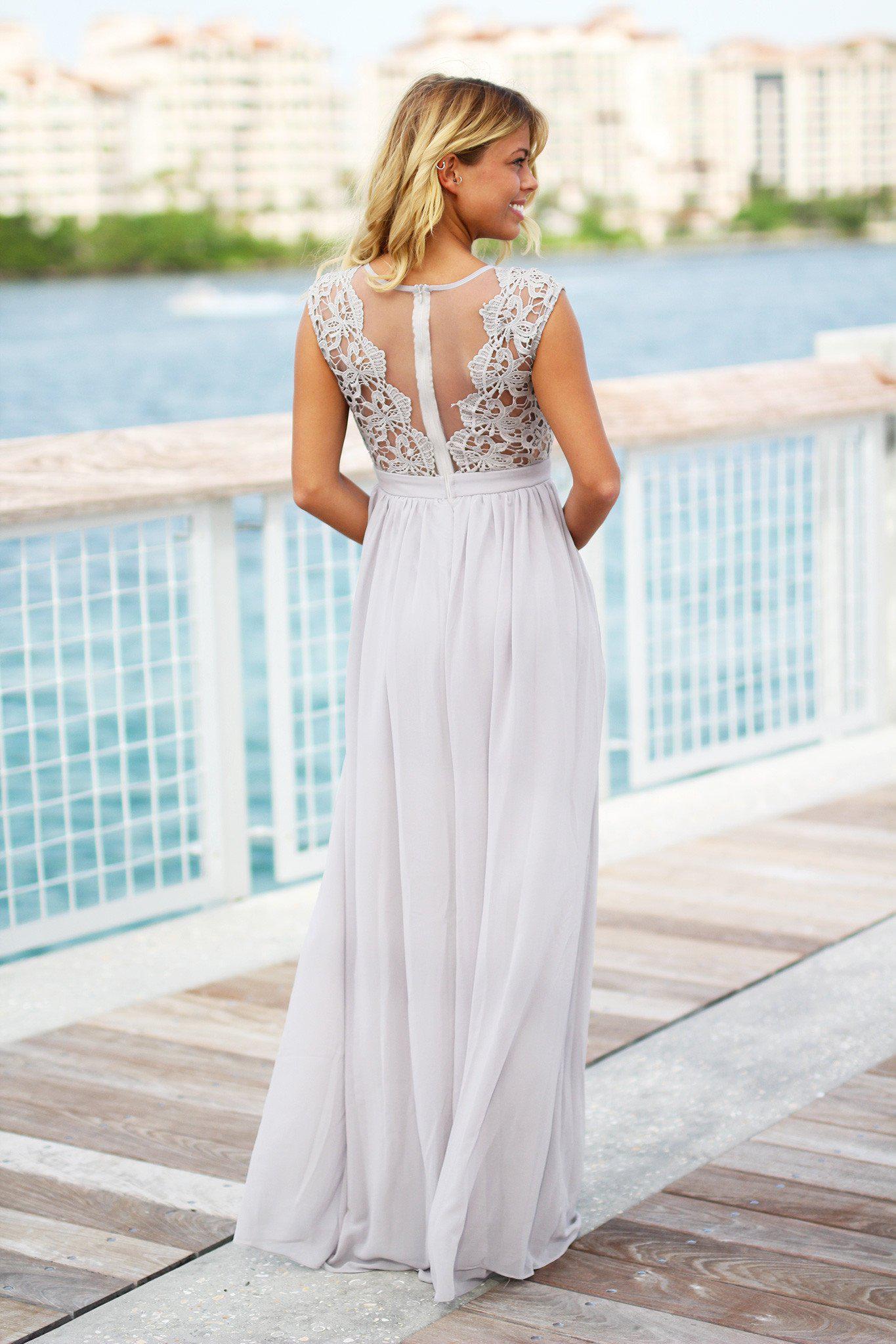 Gorgeous Gray Crochet Design Maxi Dress with Elegant Tulle Back for Special Occasions