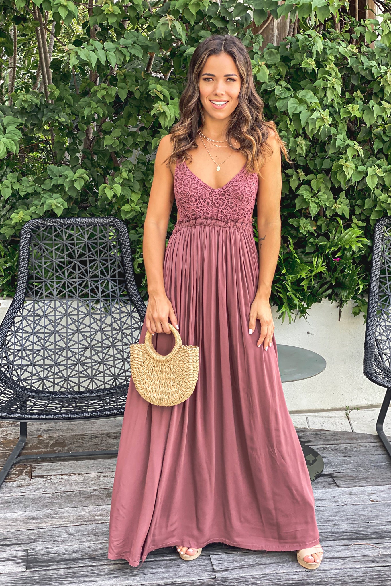 Stylish Dust Brick Colored Women's Crochet Top Maxi Dress with Open Back and Unfinished Frayed Hem