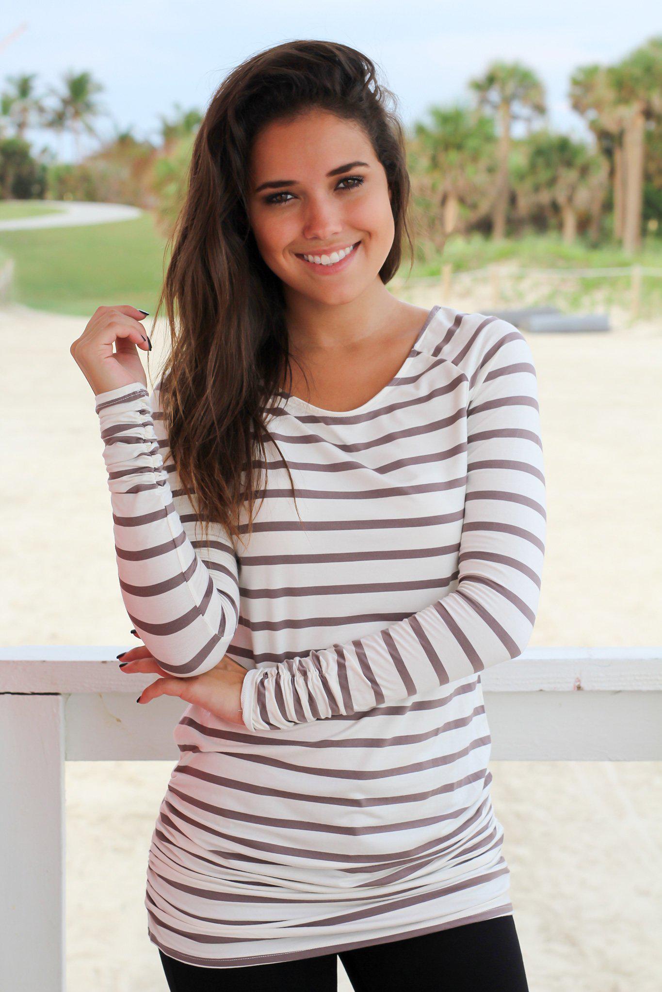 Stylish Dark Coco and White Striped Ruched Women's Tunic Top