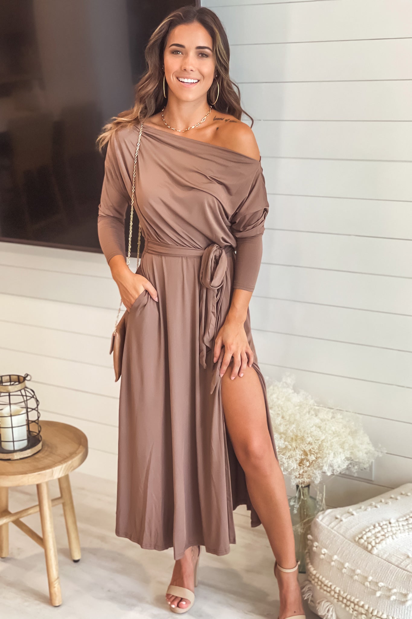 Stylish Mocha One-Shoulder Long-Sleeved Midi Dress with Self-Tie Belt