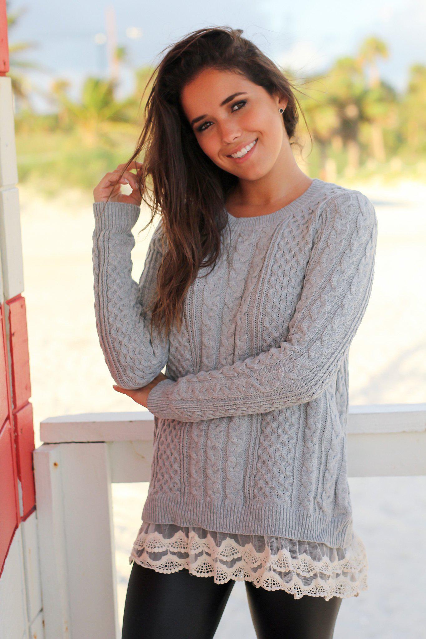 Stylish Winter Gray Sweater Featuring Delicate Lace Trim