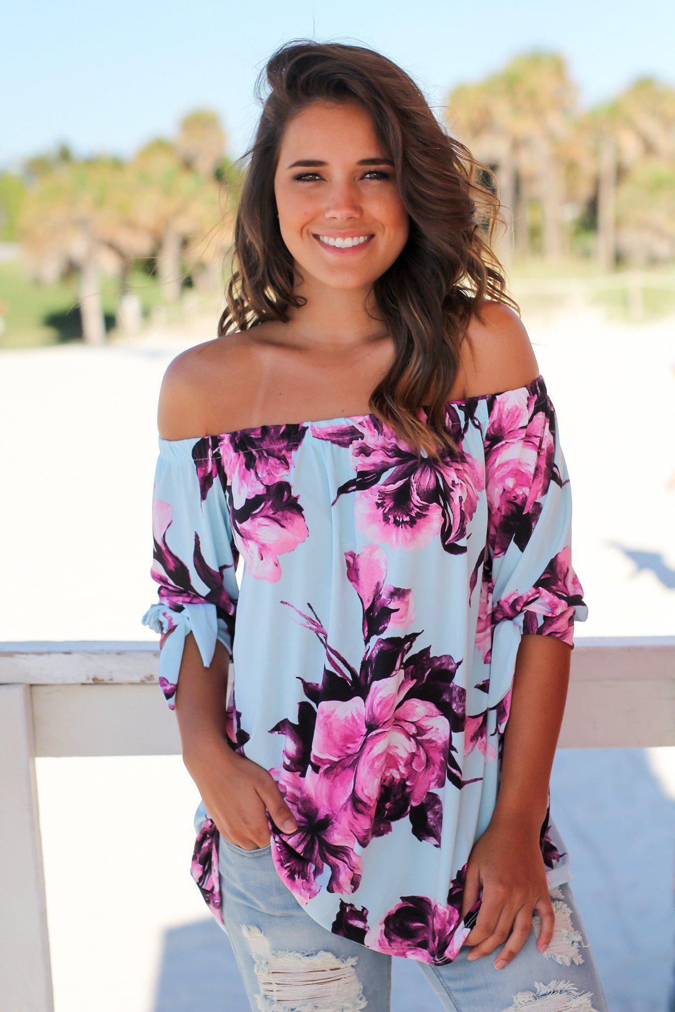 Stylish Aqua Purple Floral Women's Off Shoulder Casual Top