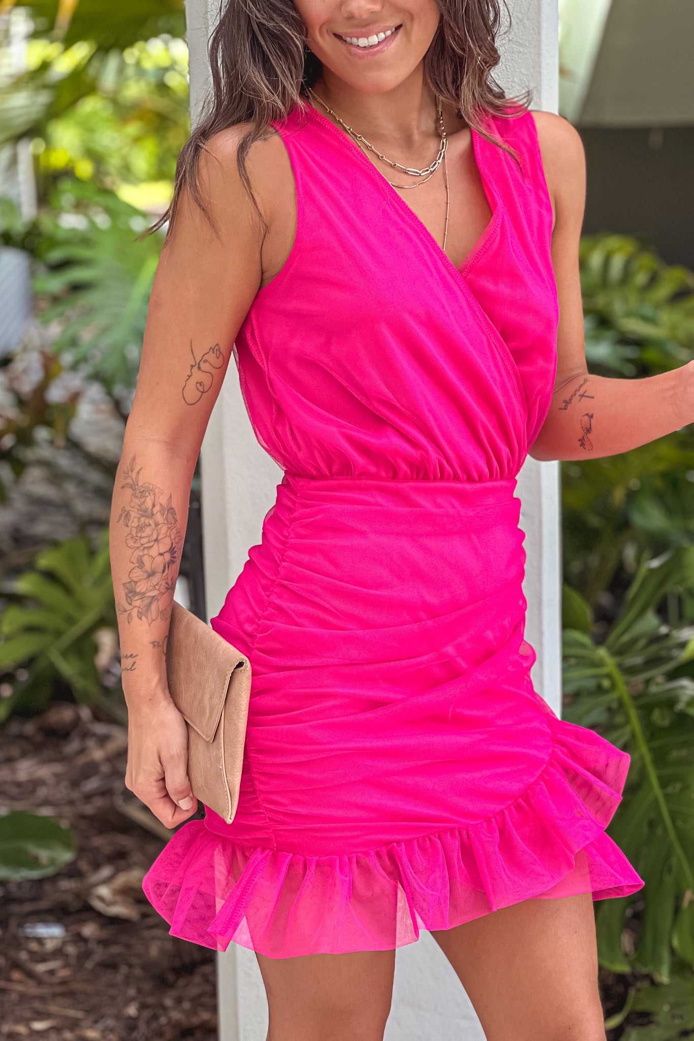 Trendy Fuchsia Mesh Sleeveless Bodycon Short Dress for Any Occasion