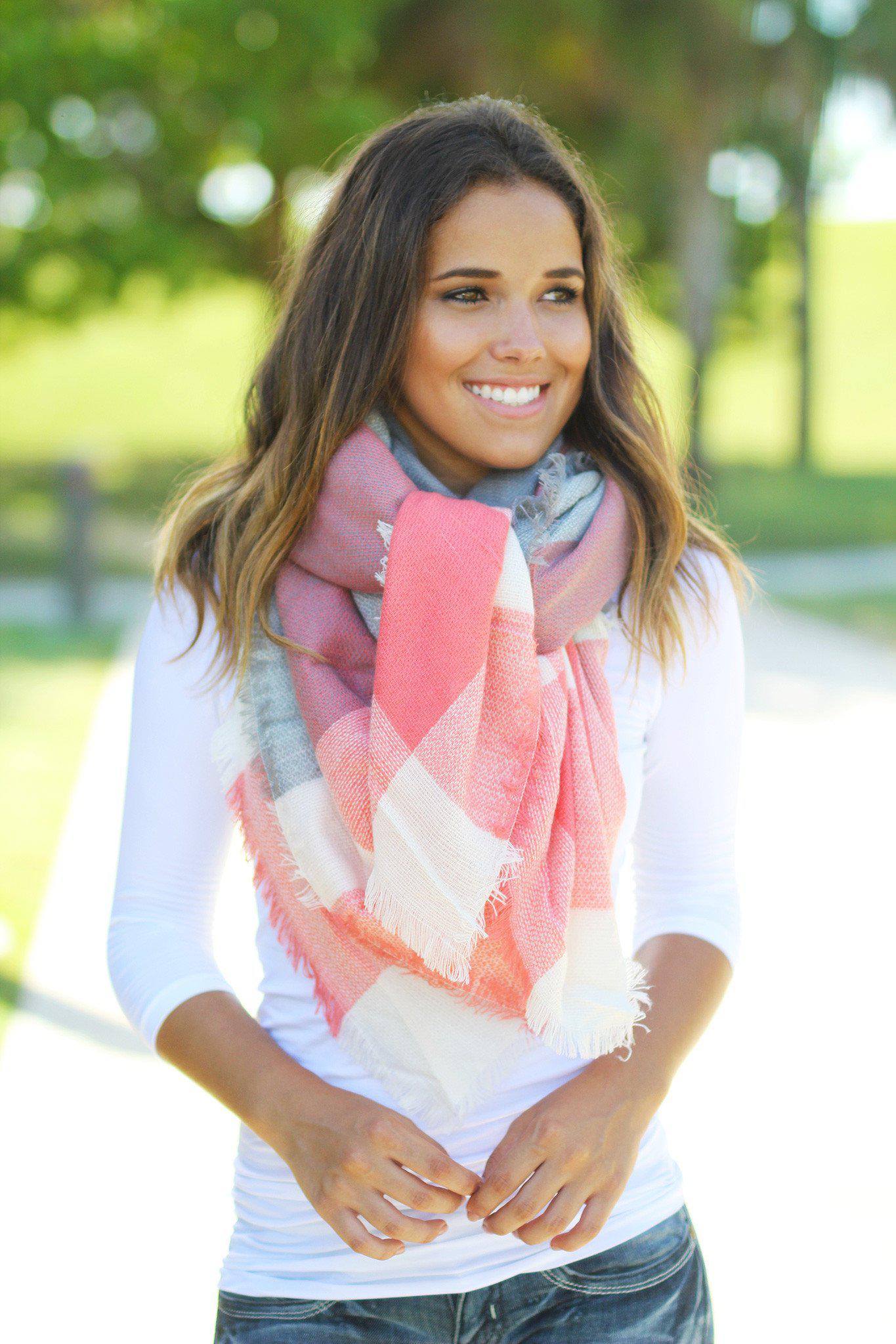 Stylish Gray, Ivory and Coral Acrylic Scarf for Multiple Styles